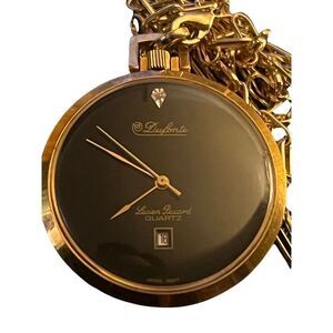 Vtg Dufonte Lucien Piccard Quartz Women’s Watch Necklace Gold Tone Black Face